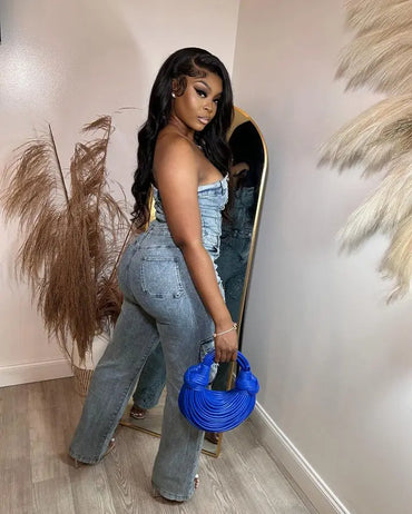 Streetwear Jeans Cargo Jumpsuit Sexy Women Strapless Elegant Wide Leg Denim Straight Romper Overalls