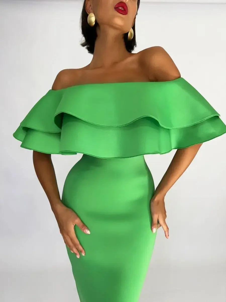 Green Bandage Dress Midi Elegant Woman Dress for Party Ruffle Sexy Off