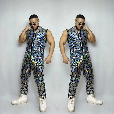 Reflective Laser Sequins Sleeveless Jumpsuit Mirror Overalls Men Singer Bar Nightclub Hip Hop Dance Costume Sexy DJ Stage Wear