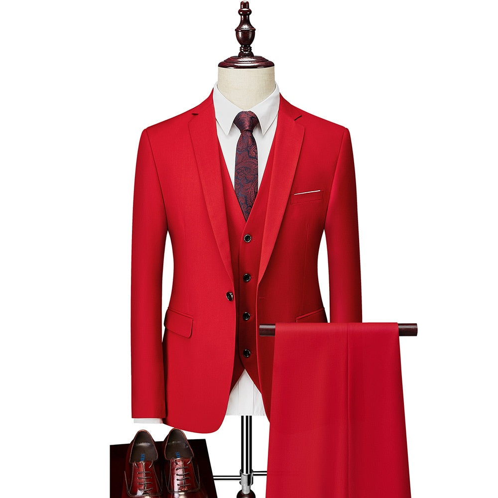 Luxury 3 Piece Men's Wedding Suit Fashion Men's Slim Solid Color Business Office Suit Sets Large Size Men Blazer+ Pants + Vest