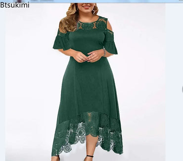 2025 Women's Lace Stitching Ruffle Short-Sleeved Strapless Dress Elegant Ladies' Summer Evening Club Party Dresses Woman Vestido