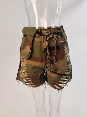 DEAT Fashion Women's Denim Shorts High Waist Loose Straight Camouflage Tassels Hollow Out Short Jeans Spring 2023 New 17A5933