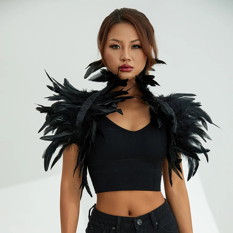 Women Natural Feather Cape Maleficent Costume Gothic Lacing Shawl Shrug Collar Feather Cape Halloween Cosplay Christmas Party