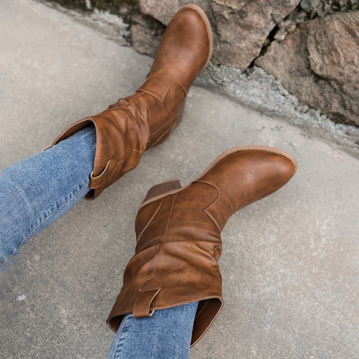 Boots Frayed One Foot Den Small Heel Mid Western Cowboy Women's Boots Mid Boots Fashion Women's Boots