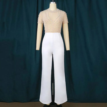 Elegant Jumpsuits & Rompers for Women O Nec Short Sleeve Beaded High Waisted Luxury Female Birthday Dinner Party Overalls Outfit