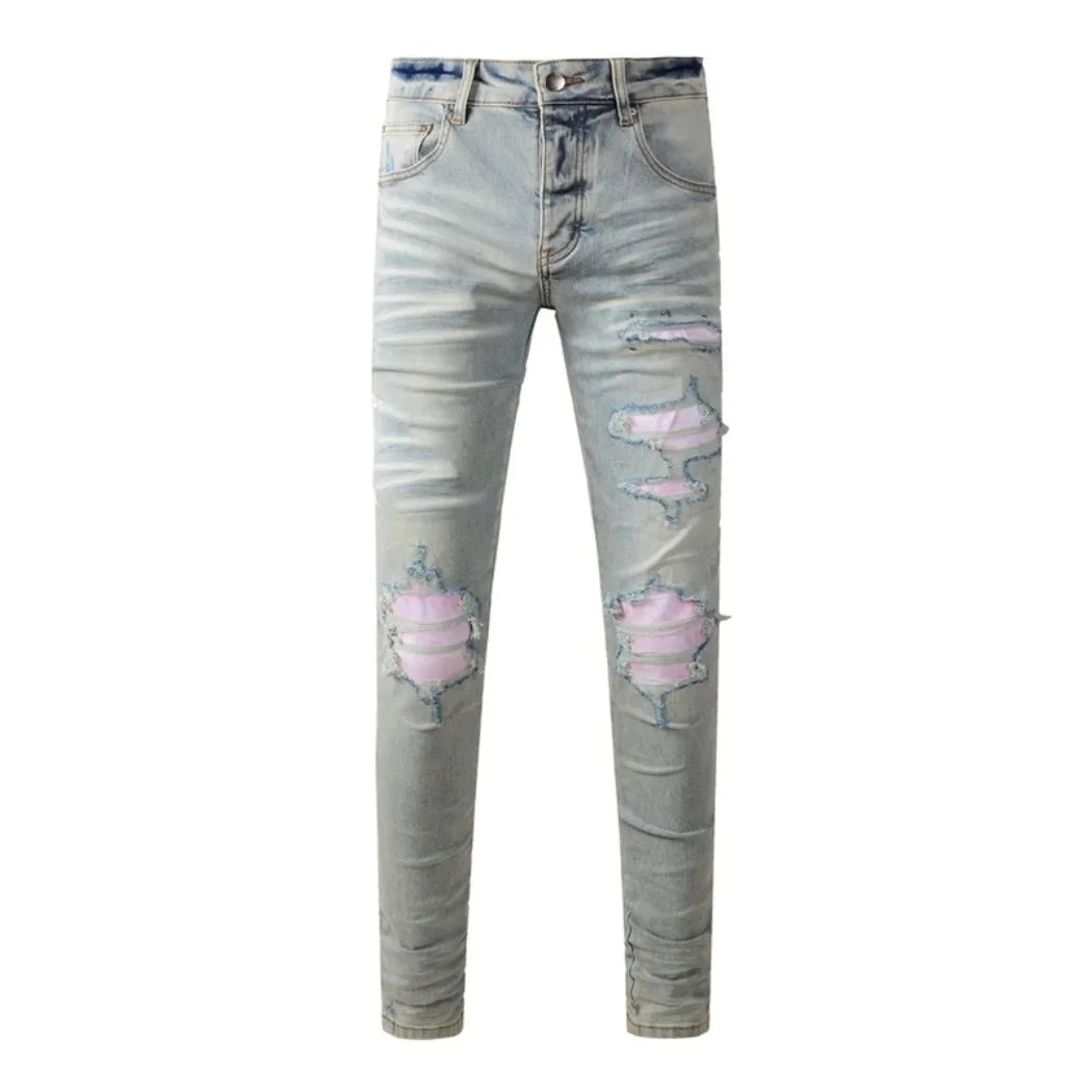 Fashion Top Quality Streetwear Distressed Men's Jeans Vintage Low Rise Stretch Skinny Button Fly Ripped Hold Pants