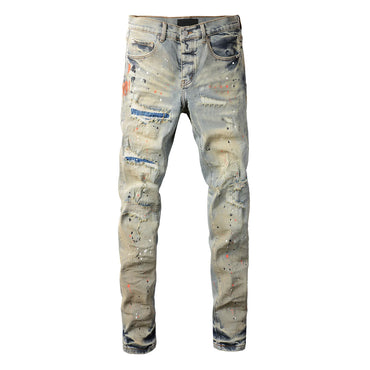 Men's Skinny Denim Jeans 2025 New Streetwear Distressed Painted Repair Low-Rise Brand Pants for Casual Style