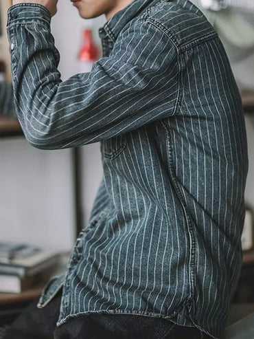 Streetwear Mens Denim Shirts Casual Long Sleeve Buttoned Lapel Striped Blouse Shirt for Men 2025 Spring Casual Cargo Shirt Tops