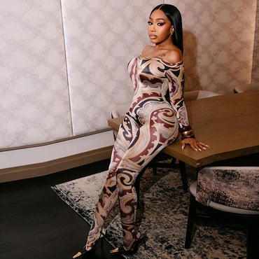 CUTENOVA Fall New Colorful Printed Women'S Jumpsuit One-Shoulder Strapless Long Sleeves Slim Fit Elastic Ankles Jumpsuit Female