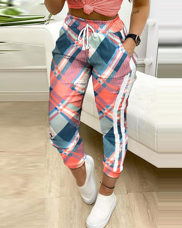 Women Fashion Casual Pants Trousers Colorblock Plaid print Cargo Pants Autumn Fashion Pocket Design Drawstring Casual Pants