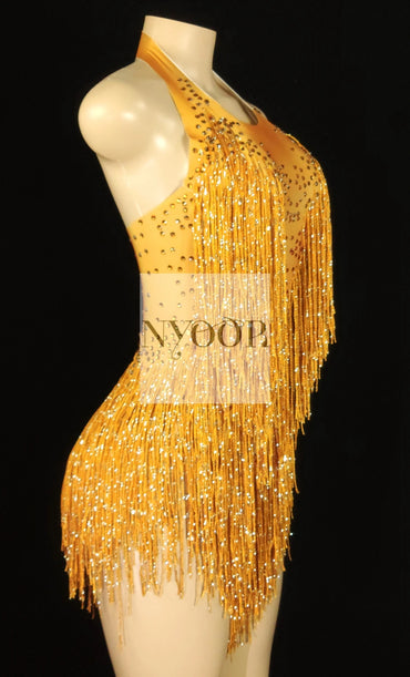 Sparkly Rhinestones Fringes Leotard Women Nightclub Party Outfit Dance Costume One-piece Stage Wear Sexy Performance Bodysuit