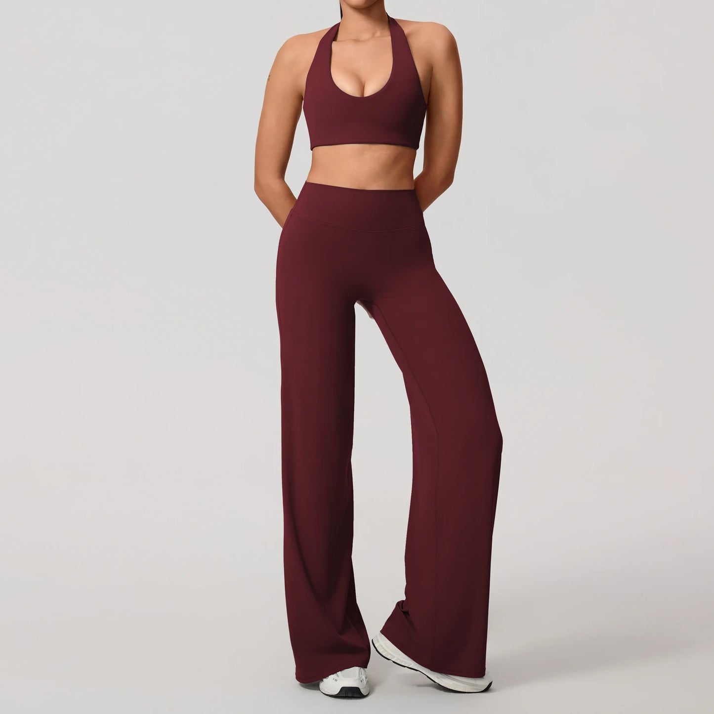 Hearuisavy Summer Yoga Set 2Pcs Women Breathable Backless Halter-Neck Sports Bra Push Up Pilates Fitness Top Straight Leg Pants