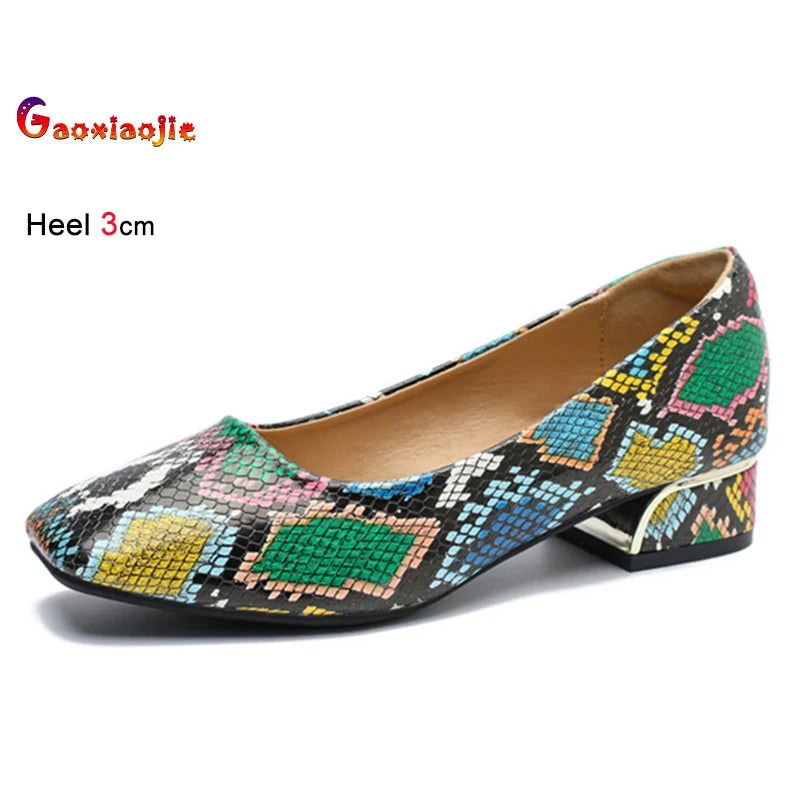 2025 New Comfortable Women's Coarse Heels Single Shoes Snake Patterned Leather Shallow Mouth Square Head Female Profession Pumps