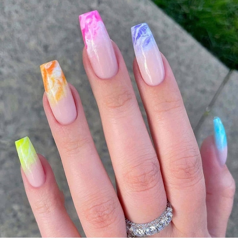 24pcs Strawberry Girl Long Ballet False Nails Art Removable Acrylic Press On Nail Tips