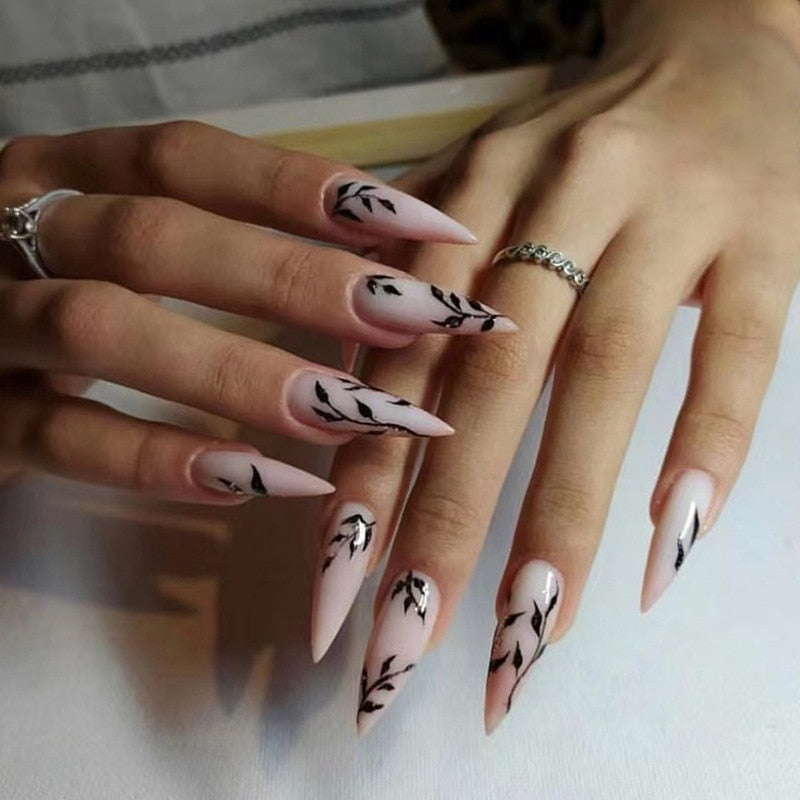 24pcs Strawberry Girl Long Ballet False Nails Art Removable Acrylic Press On Nail Tips