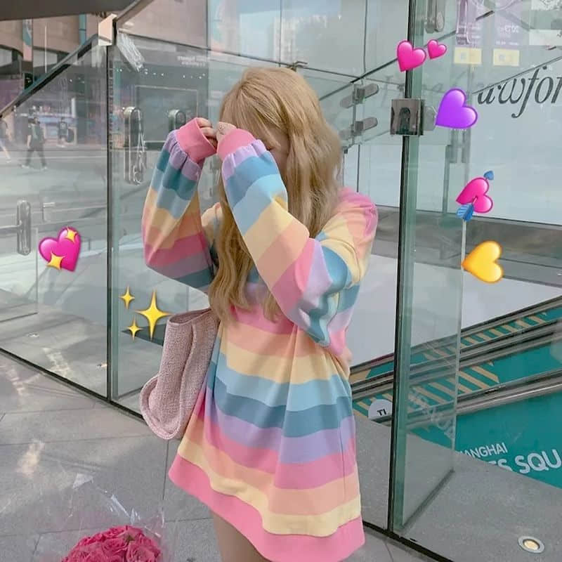 Sexy Women's Jacket Autumn Winter Rainbow Striped Long-sleeved Hoodless Shirt