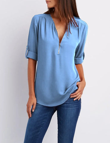 2025 Hot Sale Women Cool Loose Shirt Deep V Neck Chiffon Fashion Blouse Casual Ladies Tops Sexy Zipper Pullover Plus Size