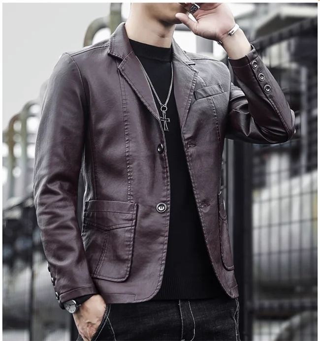 2024 New Men Business Casual Leather Jacket Black / khaki Fashion Male Suit Collar Coats Large Size 5XL Slim Fit Top