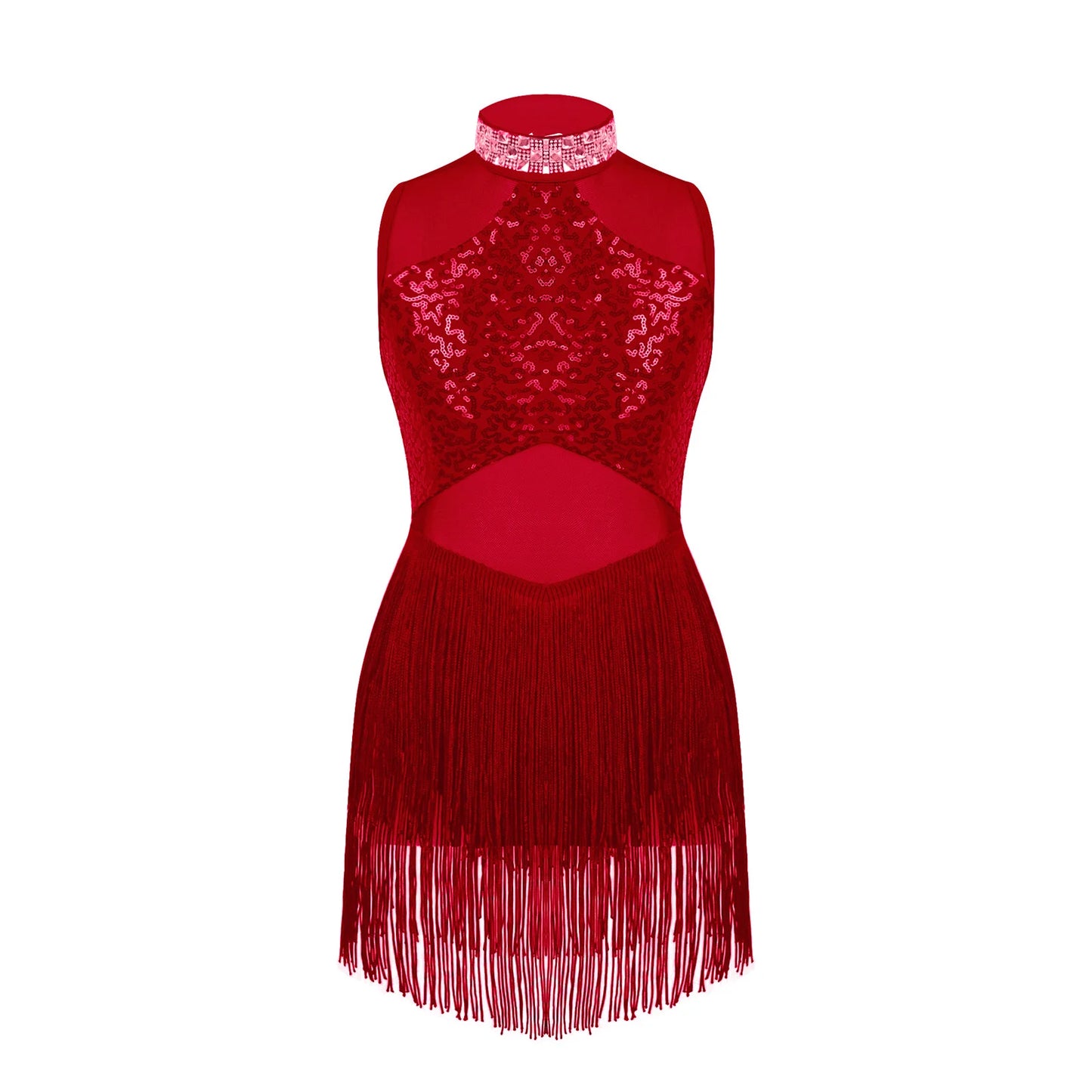 Girls Shiny Rhinestone Jazz Ballet Dance Dress Decorated Collar Sequins Mesh Tassel Hem Dance Leotards Dance Performance Dress