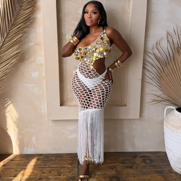 Sexy Fringe Tassel Knit Crochet Cover-up Beach Dress Women See Through Hollow Out Sequined Party Club Bodycon Maxi Dress Holiday