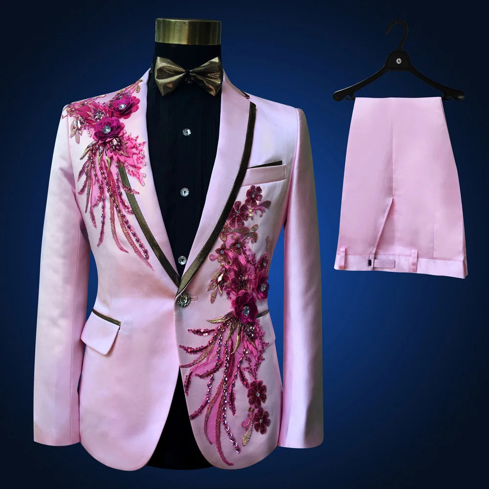 New Embroidered Tuxedos Men, Black Wedding Groom Suit, Male Singer Performance, Party Blazer, Prom Costume, Fashion Paillette