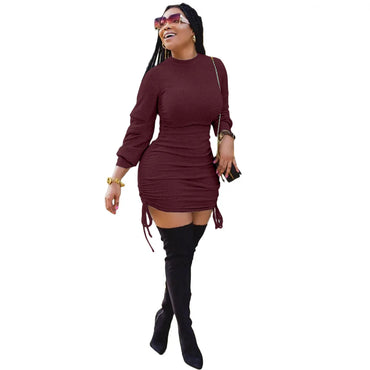 Women Sexy Dress Full Sleeve Slim Fit Wrap Hip Dresses Round Neck Spliced Shirring Lace Up Mini Vestidos Sheath Elegant