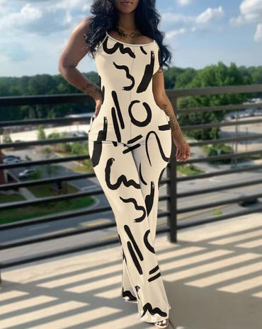 Sexy Women's Jumpsuit Summer Fashion Tie Dye Print U Neck Sleeveless Casual Pocket Design