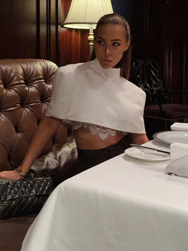 Sexy Shawl Crop Tops Women Solid Shoulder Pads Stand Collar Short Sleeve T-shirt Female 2026 Spring Fashion Party Club Top Lady