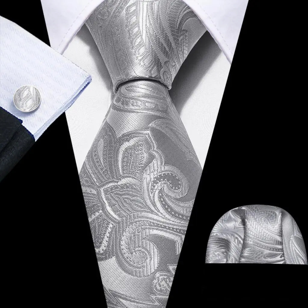 Barry.Wang Black White Gray Silver Men Tie Handkerchief Cufflinks Set Jacquard Necktie for Male Wedding Business Party Gift