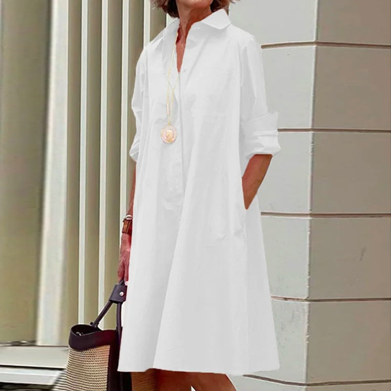 Sexy Autumn New Simple Shirt Dress Casual Solid Color Long Sleeves Fashion Turn-down Collar Pocket Dresses