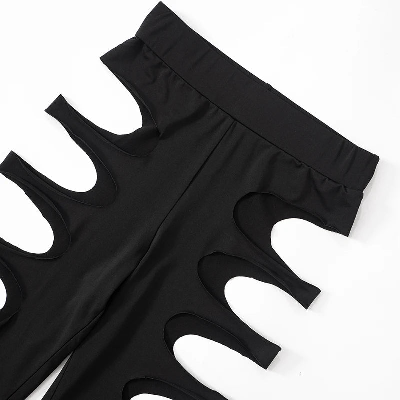 CUTENOVA 2024 New Hollow Out  Asymmetric Hot Girl Personality Set High Neck Sexy Long-Sleeved Jumpsuit Top + Hollow Out Pants