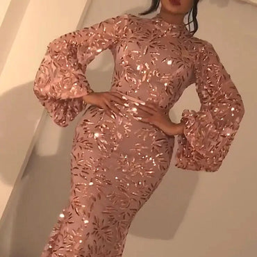 Party Dress Women Sexy Elegant Petal Print Big Swing Type Sheath Flare Long Sleeve Empire Summer New Maxi Dresses Lugentolo