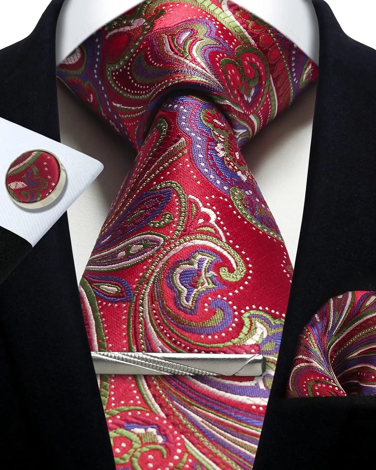 Mens Tie Set Silk Silver Paisley Floral Necktie and Pocket Square Cufflinks Tie Clip Classic Formal Ties for Men Wedding Party