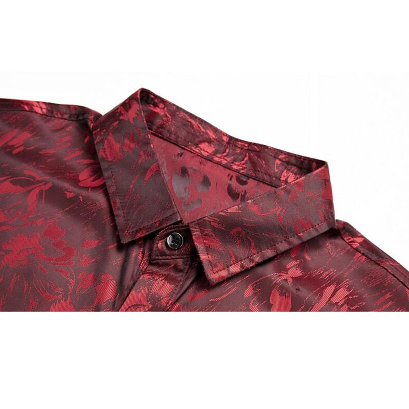 Floral Print Satin Silk Men Dress Shirts Comfortable Smooth Mens Shirt Business Work Casual Men Long Sleeve Slim Fit Men Chemise