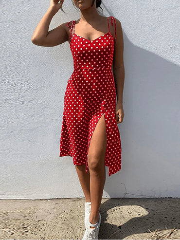 Dresses Sundress Summer Women Causal Polka Dot Sleeveless High Pleated elastic waist V-Neck Beach Dress Vestidos De Verano