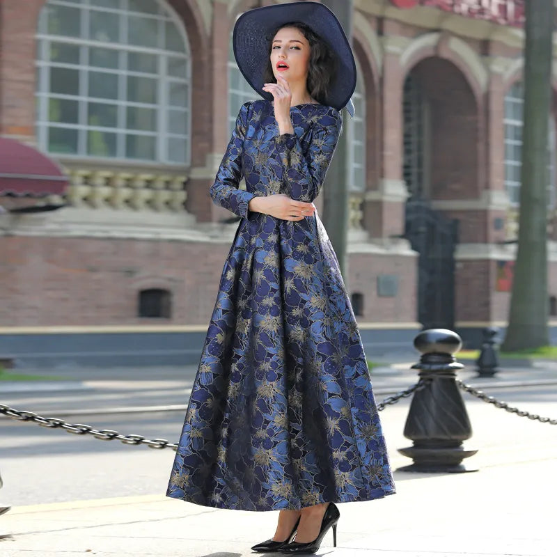 Good Quality Elegant Women Long Sleeve Maxi Dress Floral Jacquard Fall