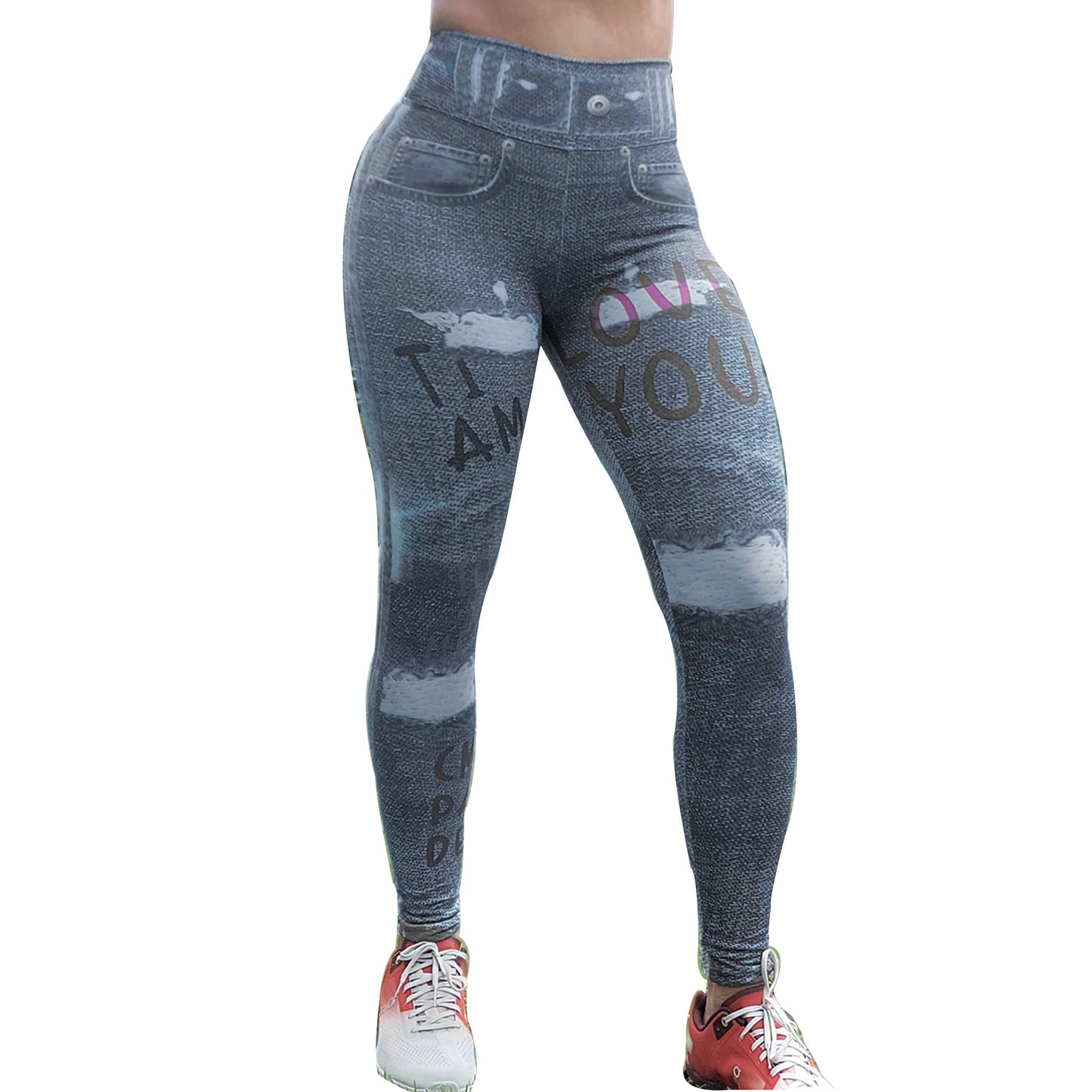 FCCEXIO Denim 3D Print Women Pants Push Up Running Sports Leggings Slim Pants Female Casual Trousers Fitness Legging