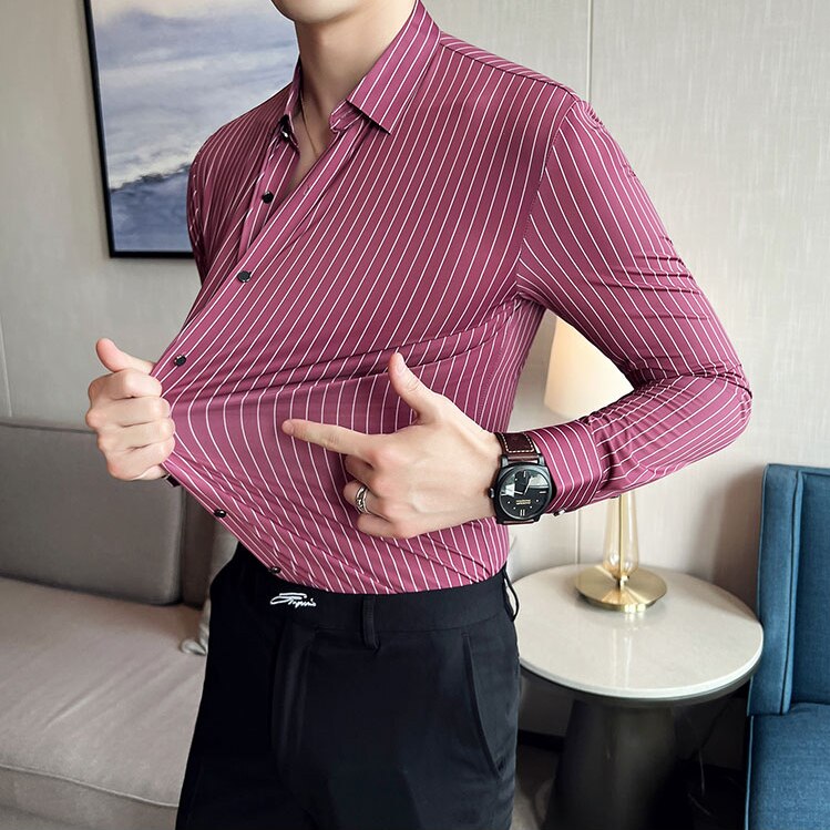 Plus Size 4XL-M High Elasticity Seamless Shirts Men Long Sleeve Slim Casual Luxury Shirt Social Formal Dress Shirts