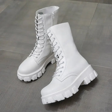 2024 Winter Shoes Women White Boots Autumn Fashion PU Leather Platform Gothic Boots Punk Combat Mid-Calf Boots For Women Booties