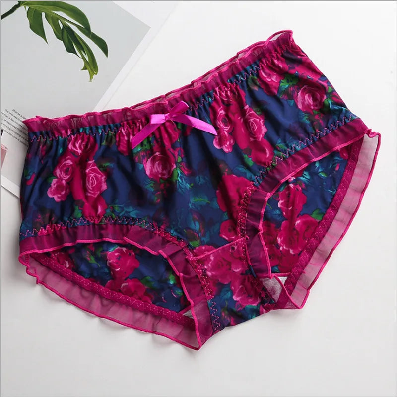 2023 New Cute Intimates Soft Smooth Girls Underwears Ruffle Bow Flower Print Plus Size Sexy Lingeries Women's Panties