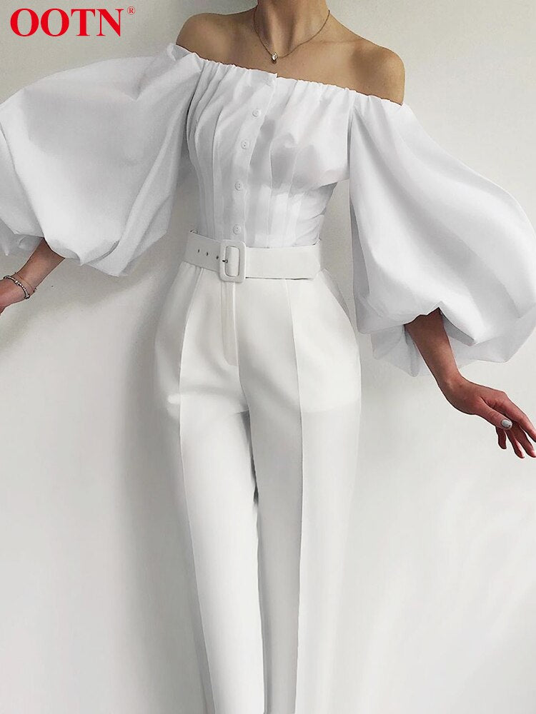 OOTN Sexy Slim Off Shoulder Women Shirt Blouses Lantern Sleeve Tunic Female Top Laides Shirt Pleated Elegant White Blouse Button
