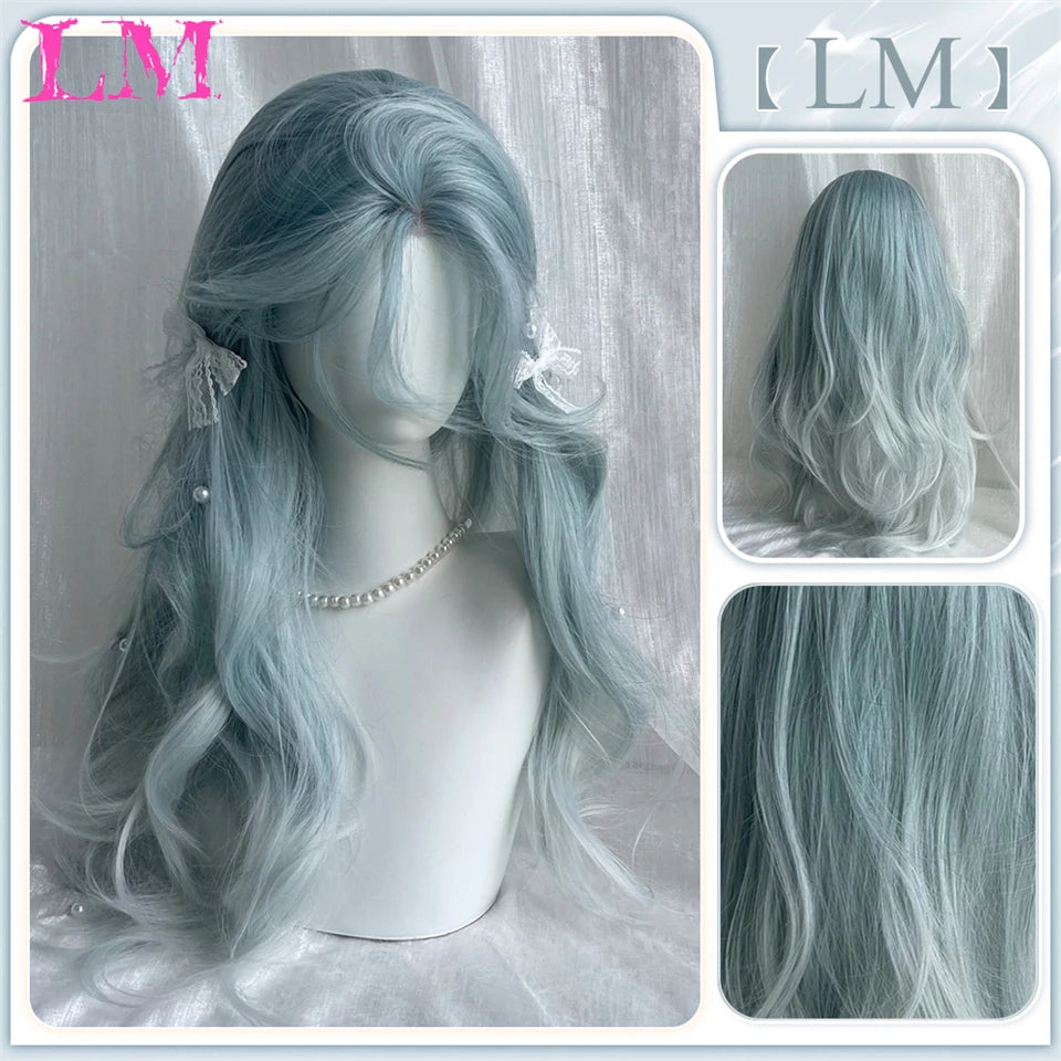 LM Synthetic Black Wig with Long Ponytail Short Straight Wig Lolita Cosplay Party Harajuku Blonde Wig With Bangs for Women