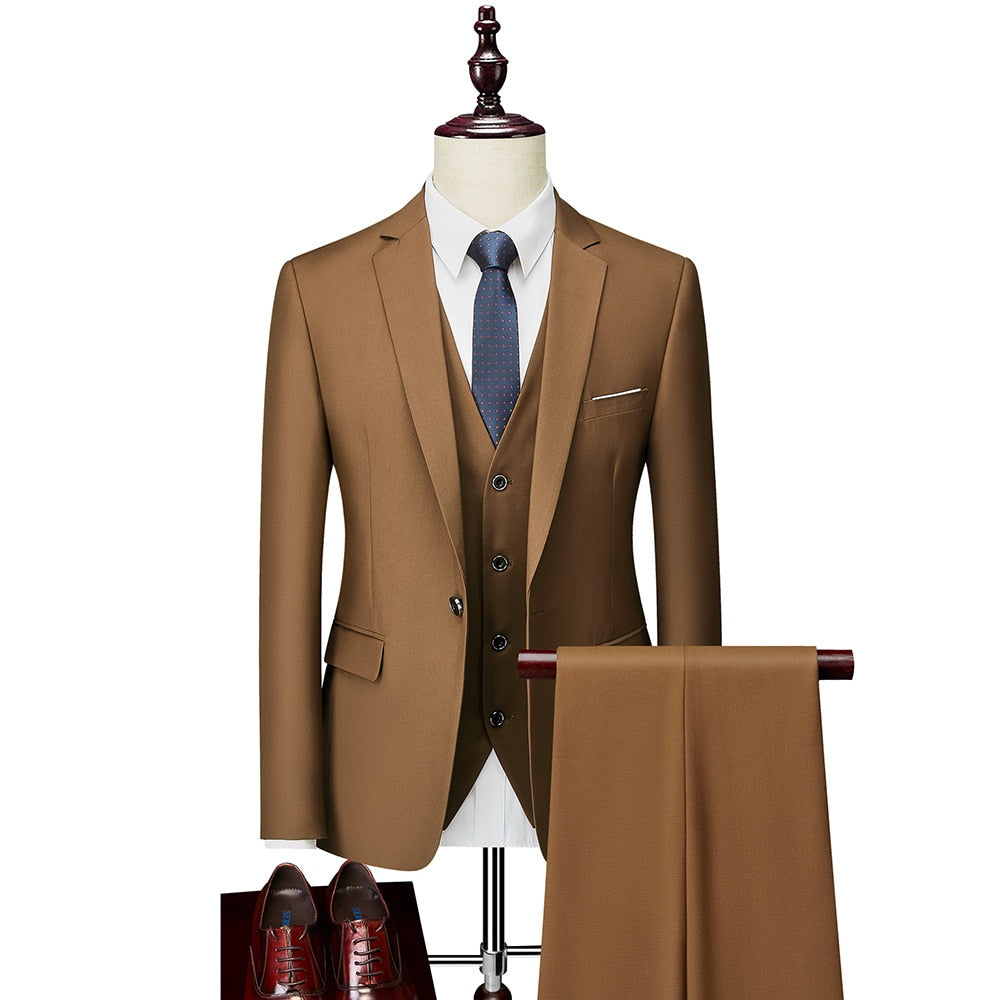 Luxury 3 Piece Men's Wedding Suit Fashion Men's Slim Solid Color Business Office Suit Sets Large Size Men Blazer+ Pants + Vest