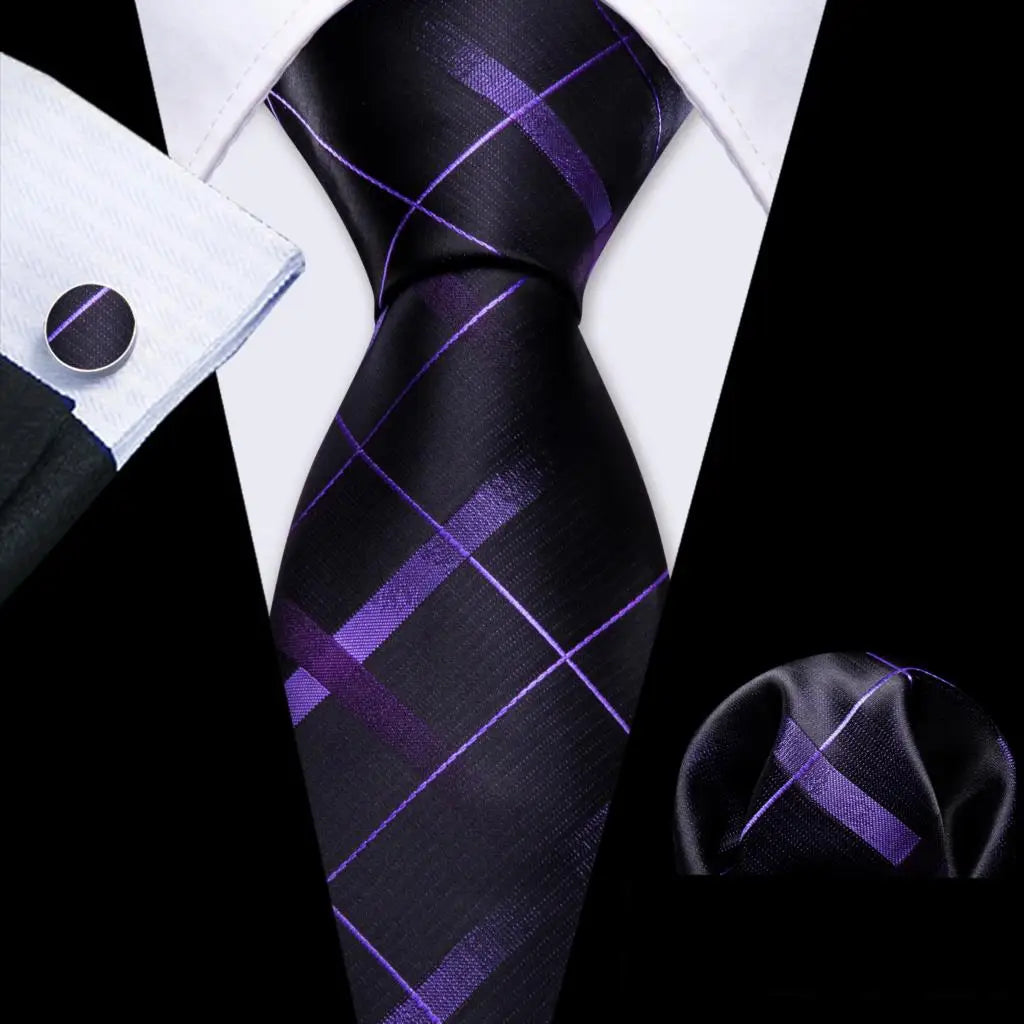 Barry.Wang Plaid Silk Men Tie Hanky Cufflinks Set Checked Jacquard Necktie for Male Formal Casual Wedding Business Party Events