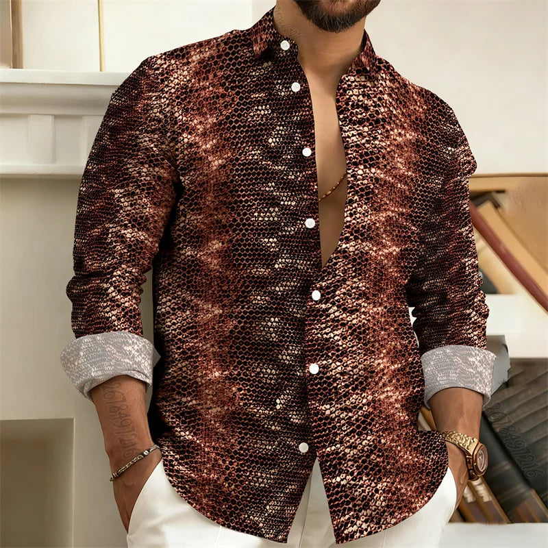 2026 New Men's Shirt: Snake-Print Long-Sleeve Shirt Stylish Slim-Fit Turn-Down Collar Shirt, Streetwear Trend, Hawaiian Style