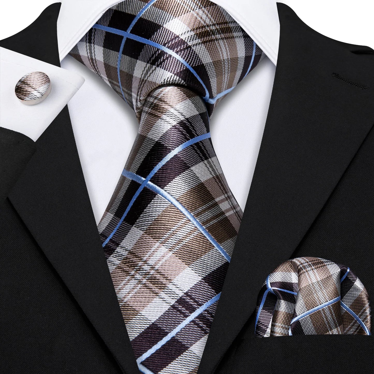 Barry.Wang Plaid Silk Men Tie Hanky Cufflinks Set Checked Jacquard Necktie for Male Formal Casual Wedding Business Party Events