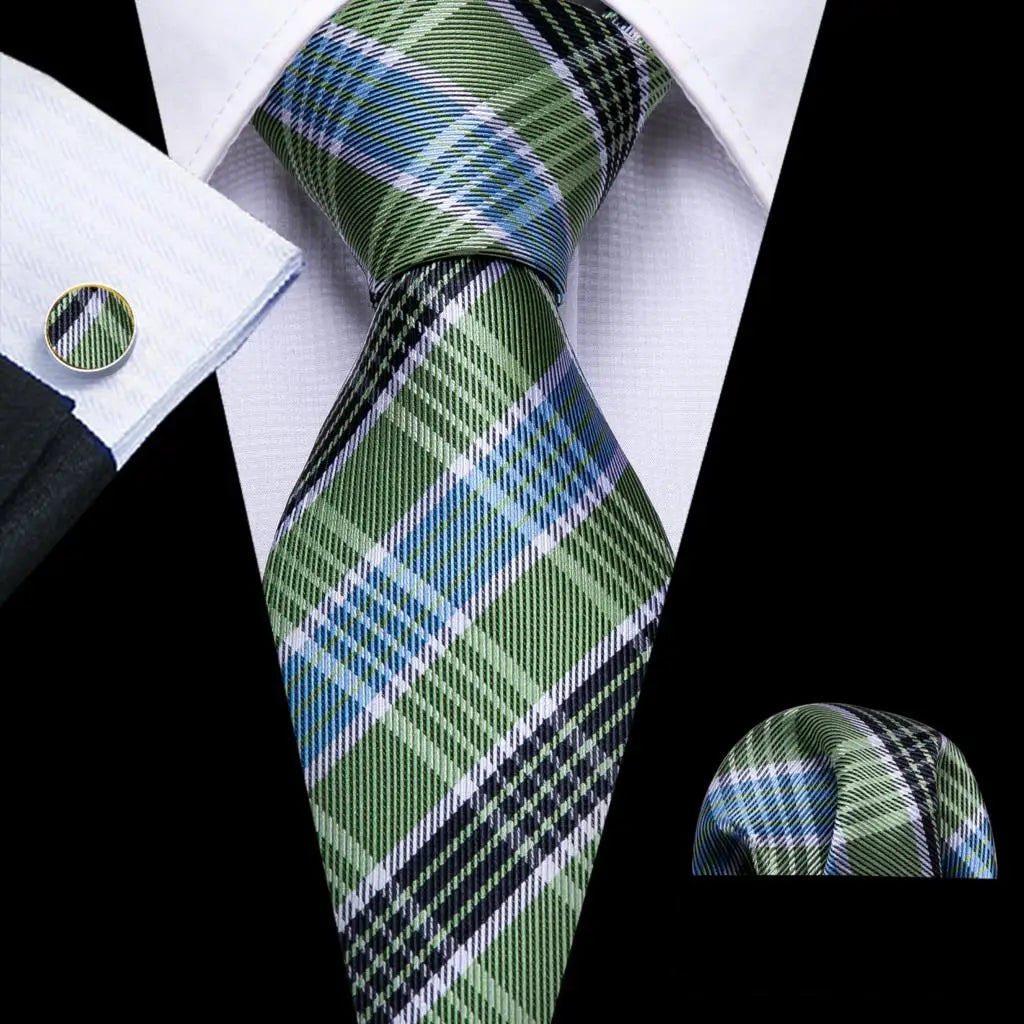 Barry.Wang Plaid Silk Men Tie Hanky Cufflinks Set Checked Jacquard Necktie for Male Formal Casual Wedding Business Party Events