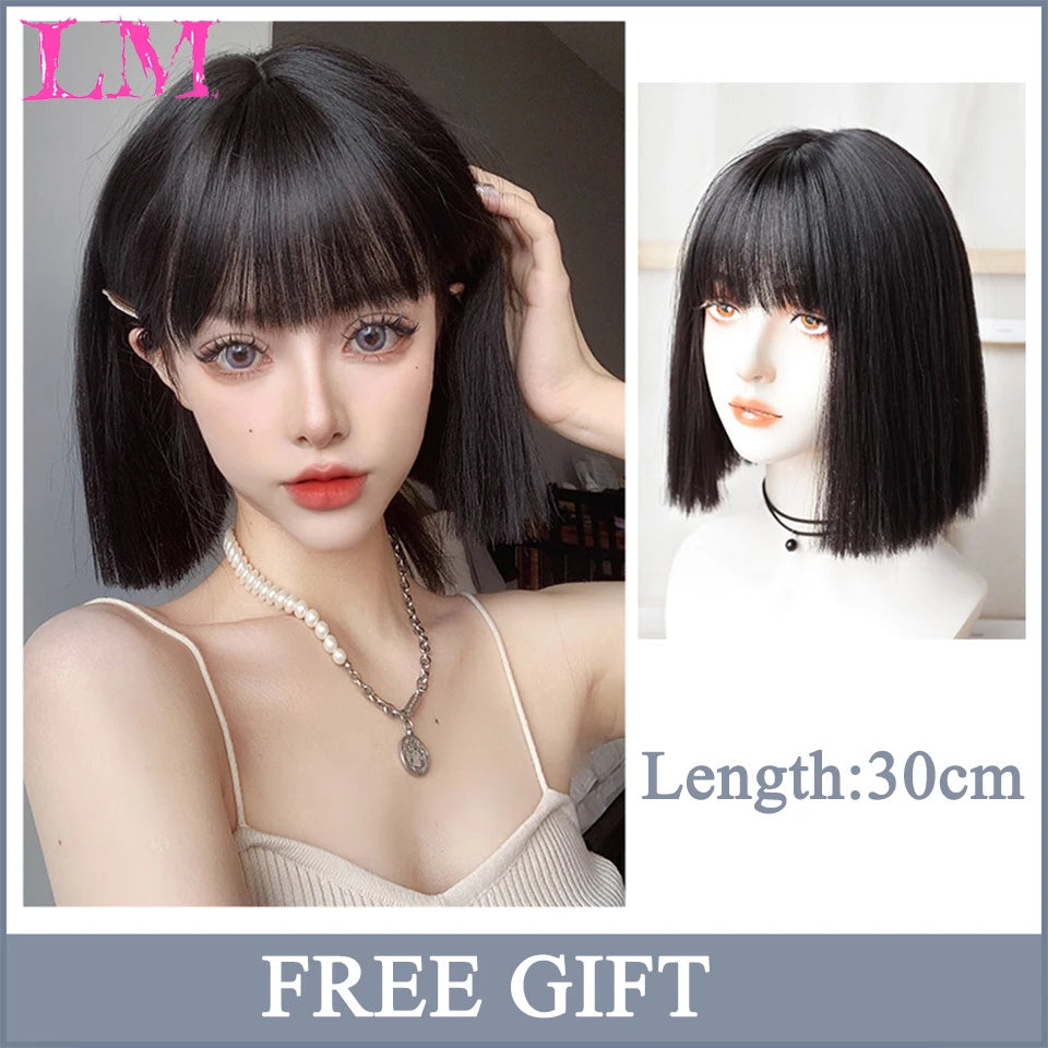 LM Synthetic Black Wig with Long Ponytail Short Straight Wig Lolita Cosplay Party Harajuku Blonde Wig With Bangs for Women