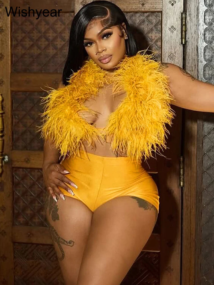 Sexy Night Club 2 Piece Pants Set Women Summer Furs Halter Tank Tops and Tight Stretch Shorts Hot Girls Midnight Party Suits y2k