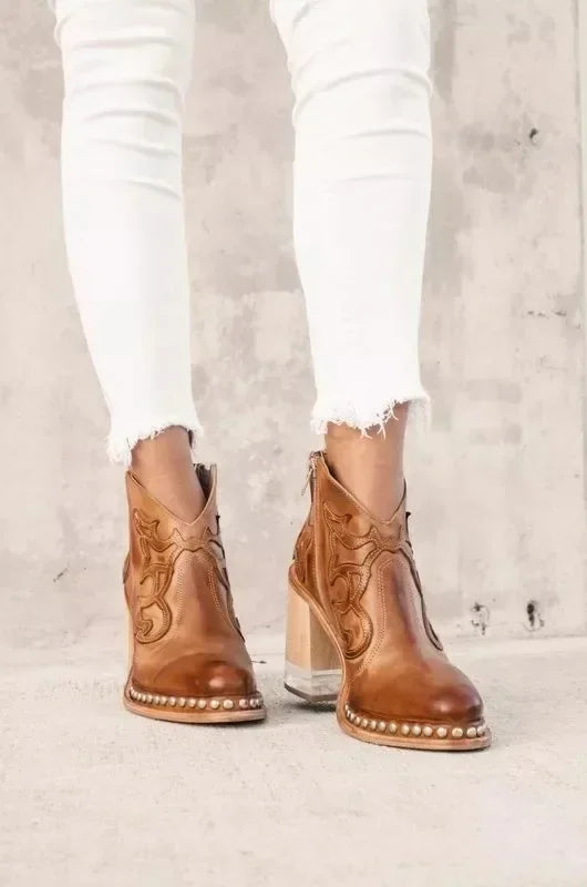 Female Ankle Boots Leather Women's Shoes Low Heel Cool British Embroidered Design Soft Short Boots Party Ladies Footwear PU 024